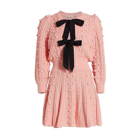 Alice + Olivia Sweaters - Alice + Olivia 'Kitty' Pink Bow Front Puff Sleeve Crewneck Sweater Dress Size S